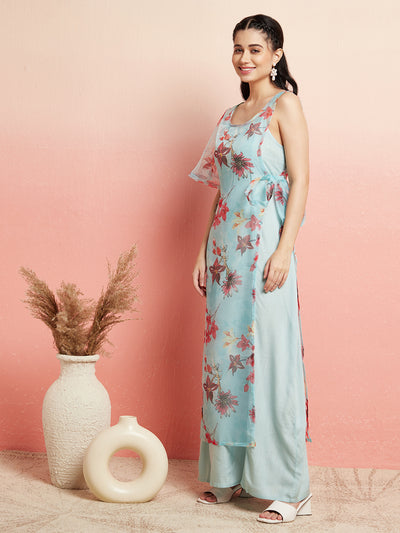 Blue Floral Print Layered Asymmetric Maxi Dress