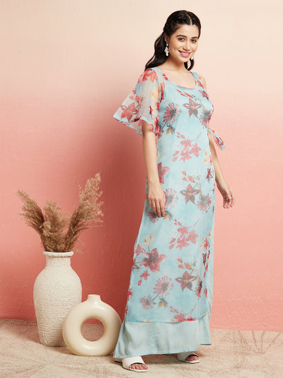 Blue Floral Print Layered Asymmetric Maxi Dress