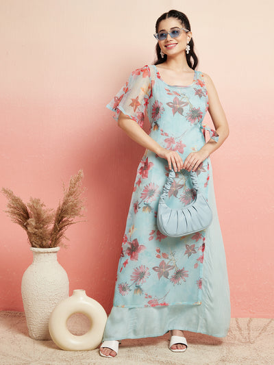 Blue Floral Print Layered Asymmetric Maxi Dress