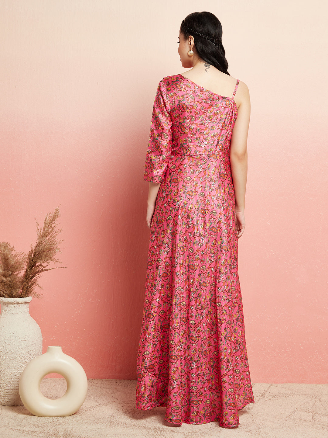 Pink Floral Print Flared Maxi Dress