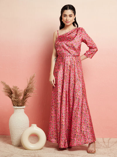 Pink Floral Print Flared Maxi Dress