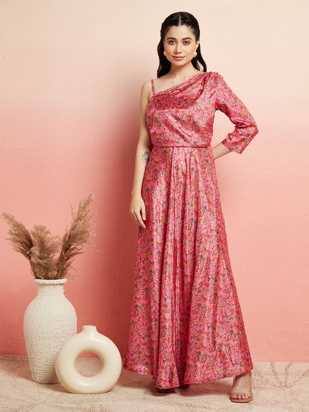 Pink Ethnic Motif Print Maxi Dress Mother Daughter Combo