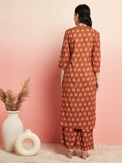 Brown Ikat Print Straight Kurta With Palazzo