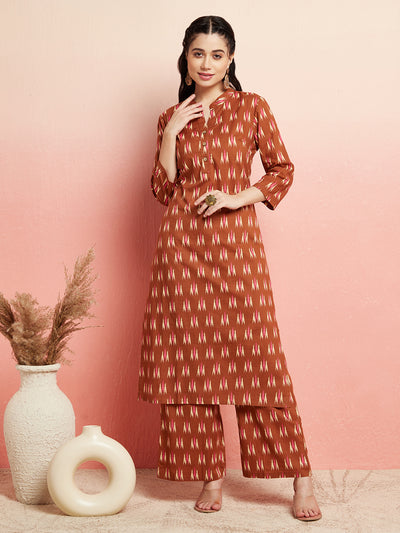 Brown Ikat Print Straight Kurta With Palazzo