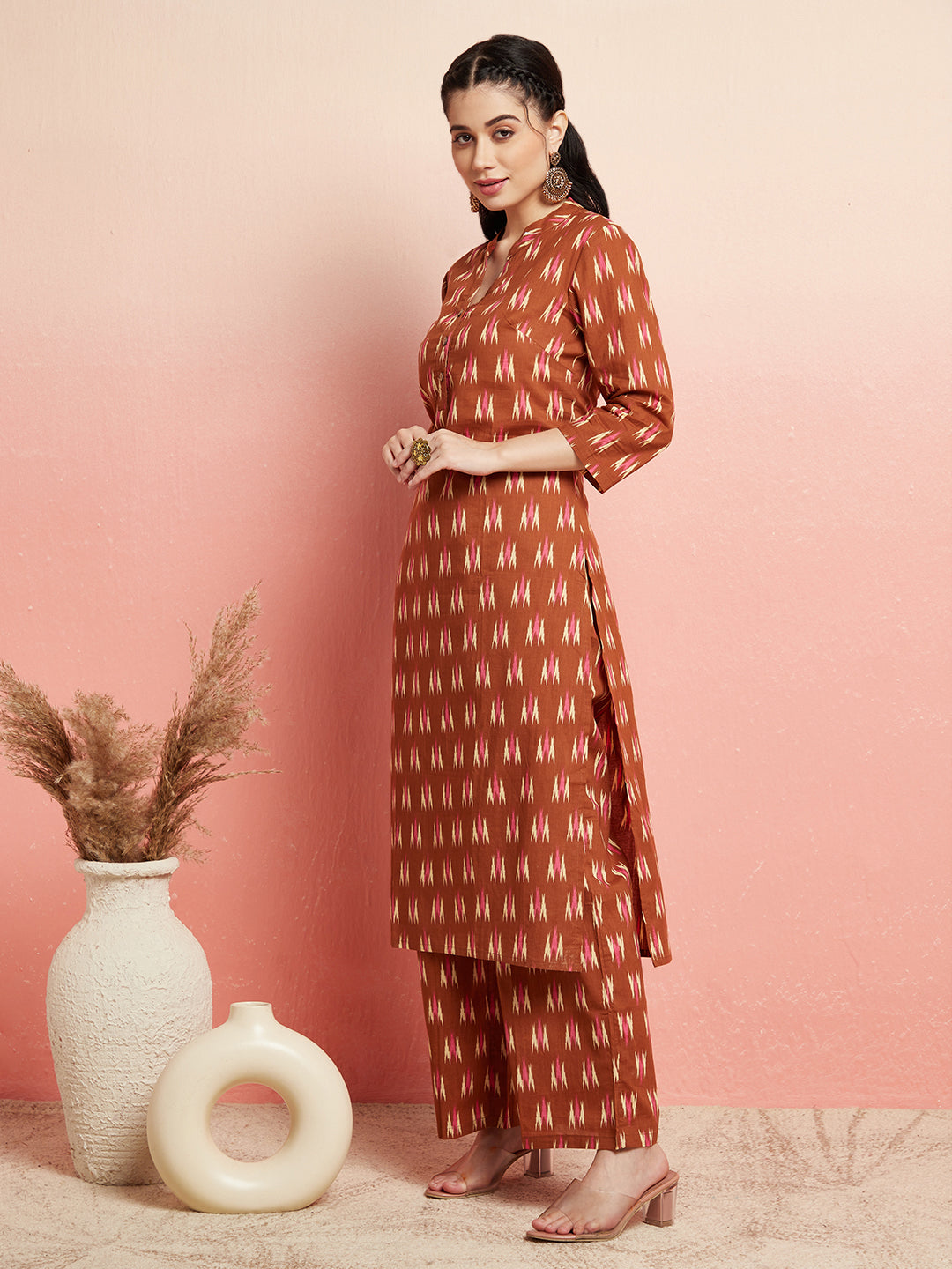 Brown Ikat Print Straight Kurta With Palazzo