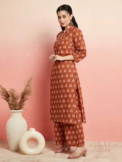 Brown Ikat Print Straight Kurta With Palazzo