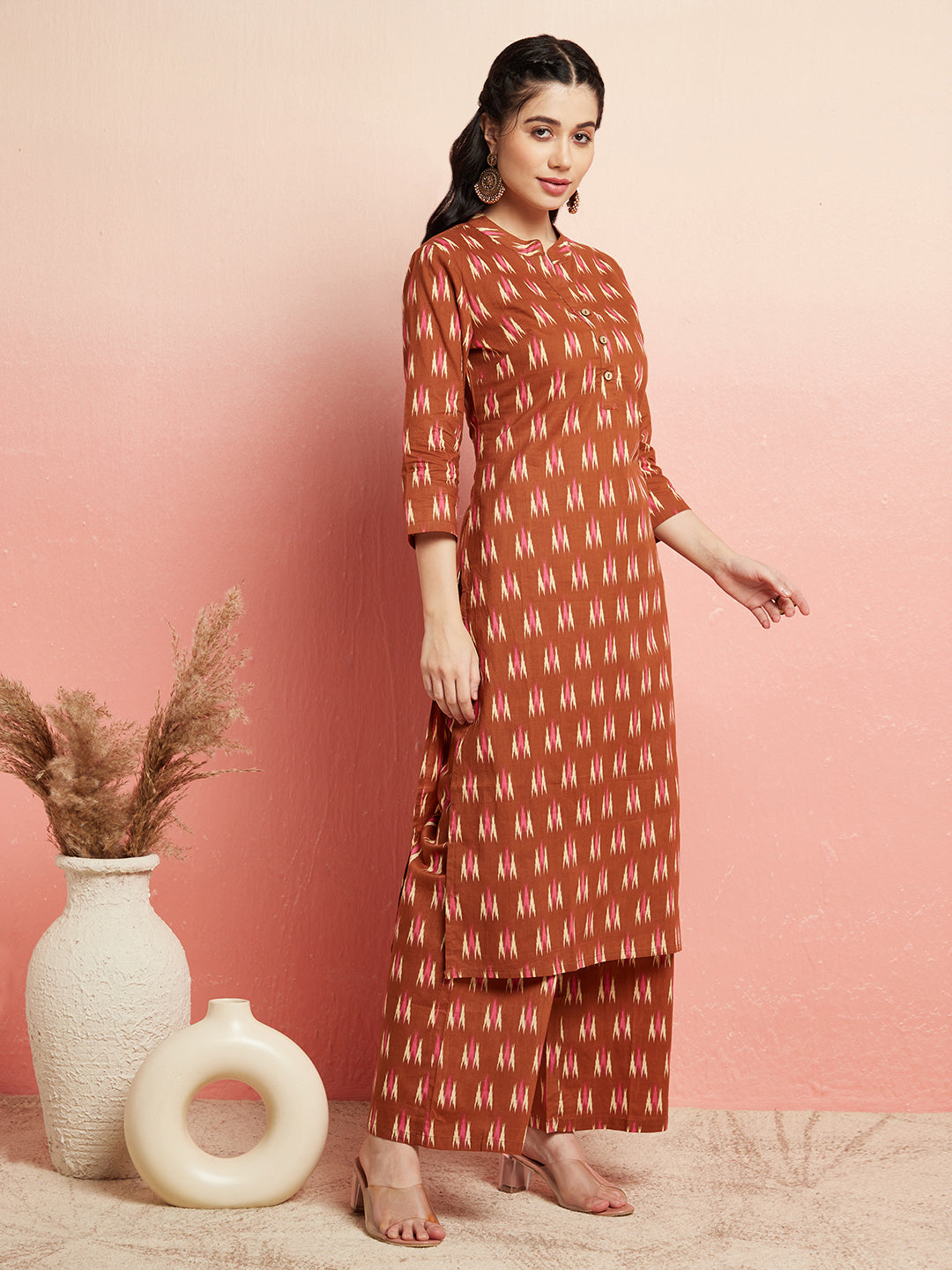 Brown Ikat Print Straight Kurta With Palazzo