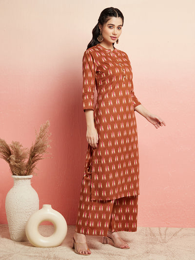 Brown Ikat Print Straight Kurta With Palazzo