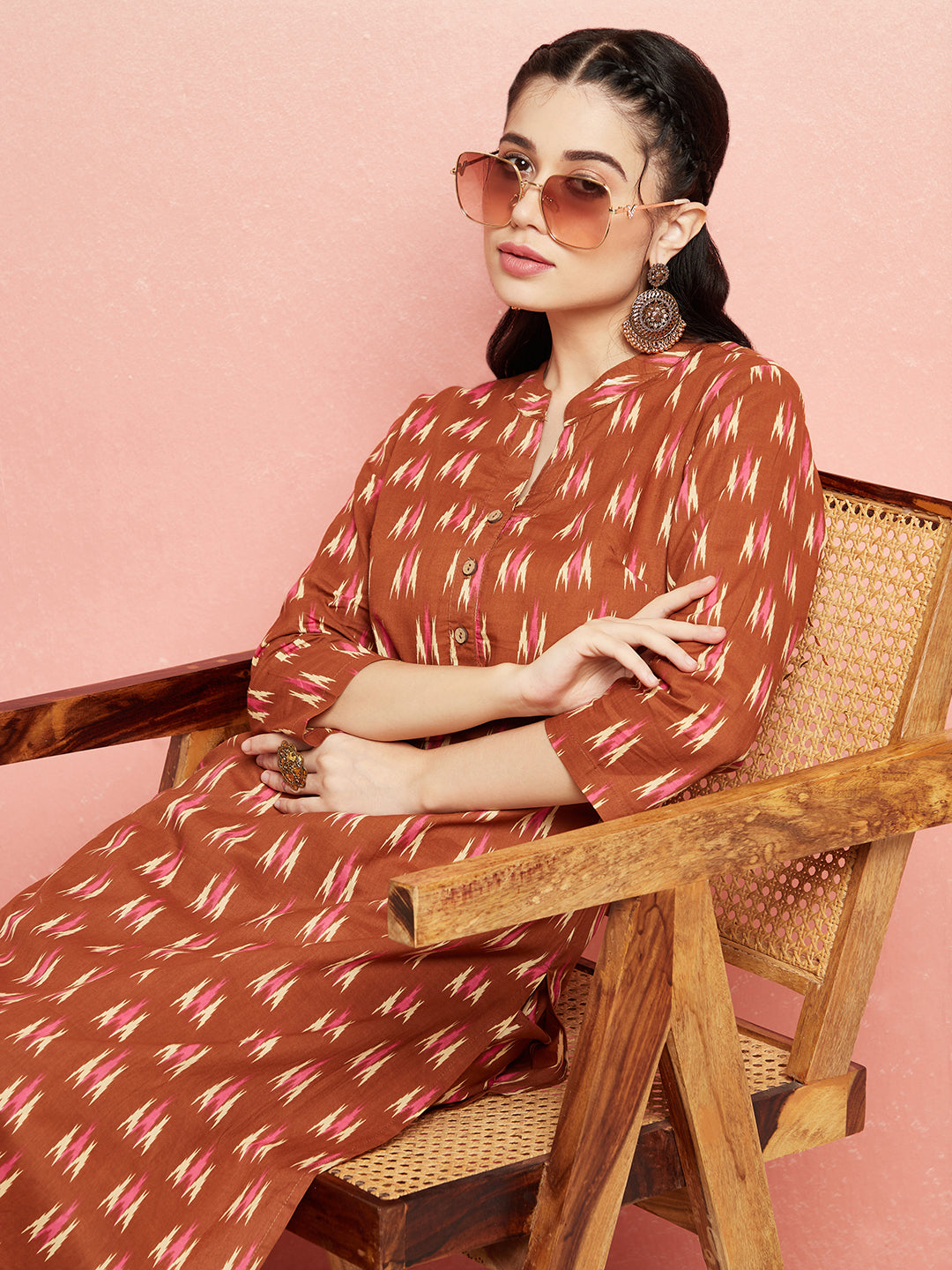 Brown Ikat Print Straight Kurta With Palazzo