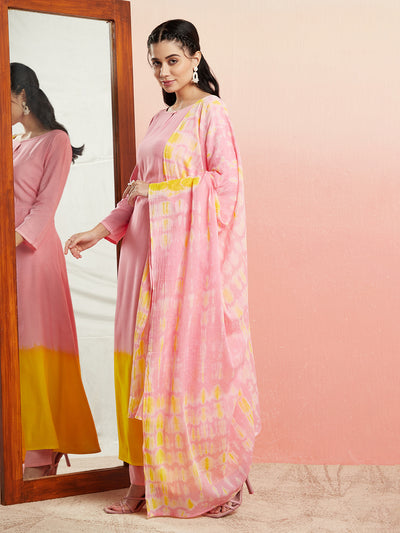 Pink Tie & Dye Straight Kurta Pant With Dupatta