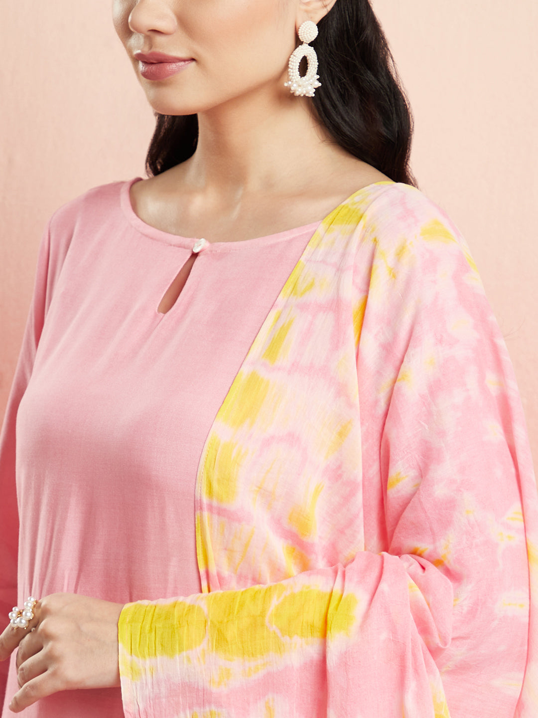 Pink Tie & Dye Straight Kurta Pant With Dupatta