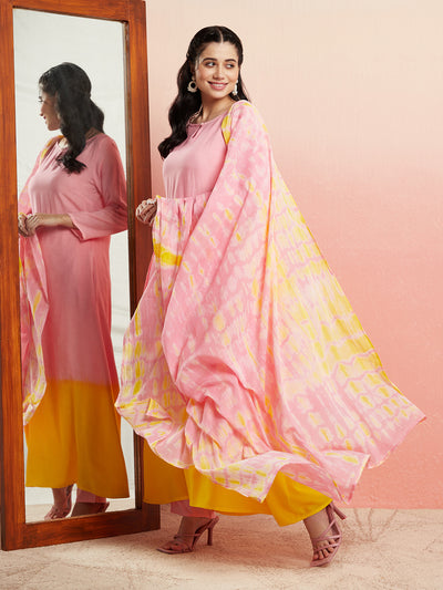 Pink Tie & Dye Straight Kurta Pant With Dupatta