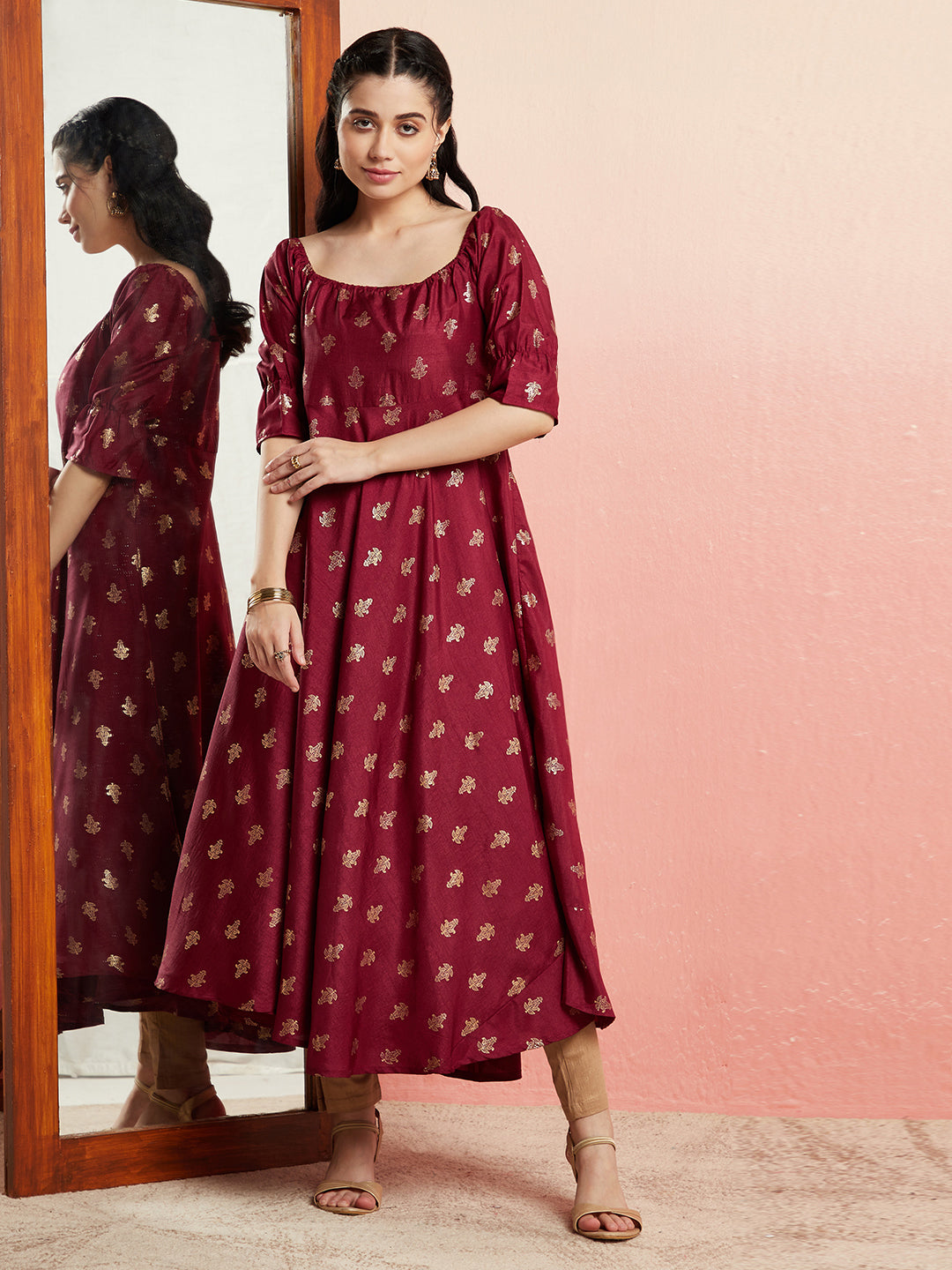 Maroon Gold Foil Print Anarkali