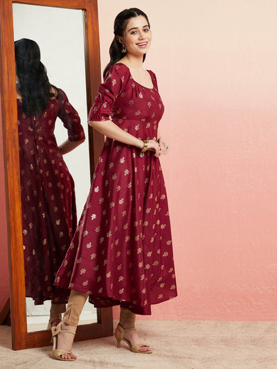 Maroon Gold Foil Print Anarkali