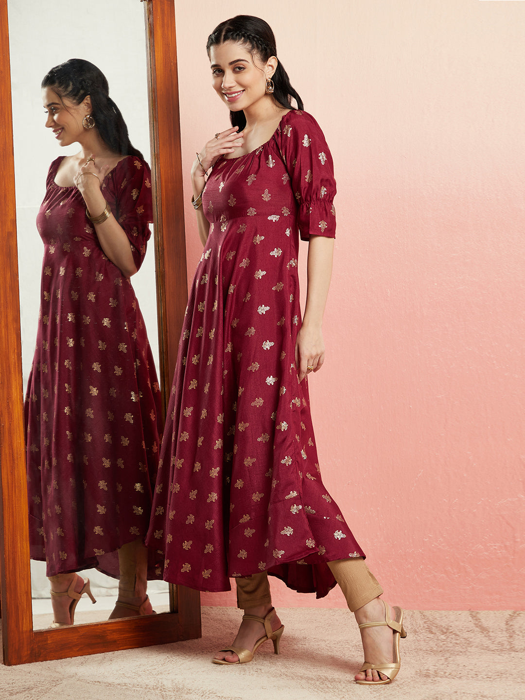 Maroon Gold Foil Print Anarkali