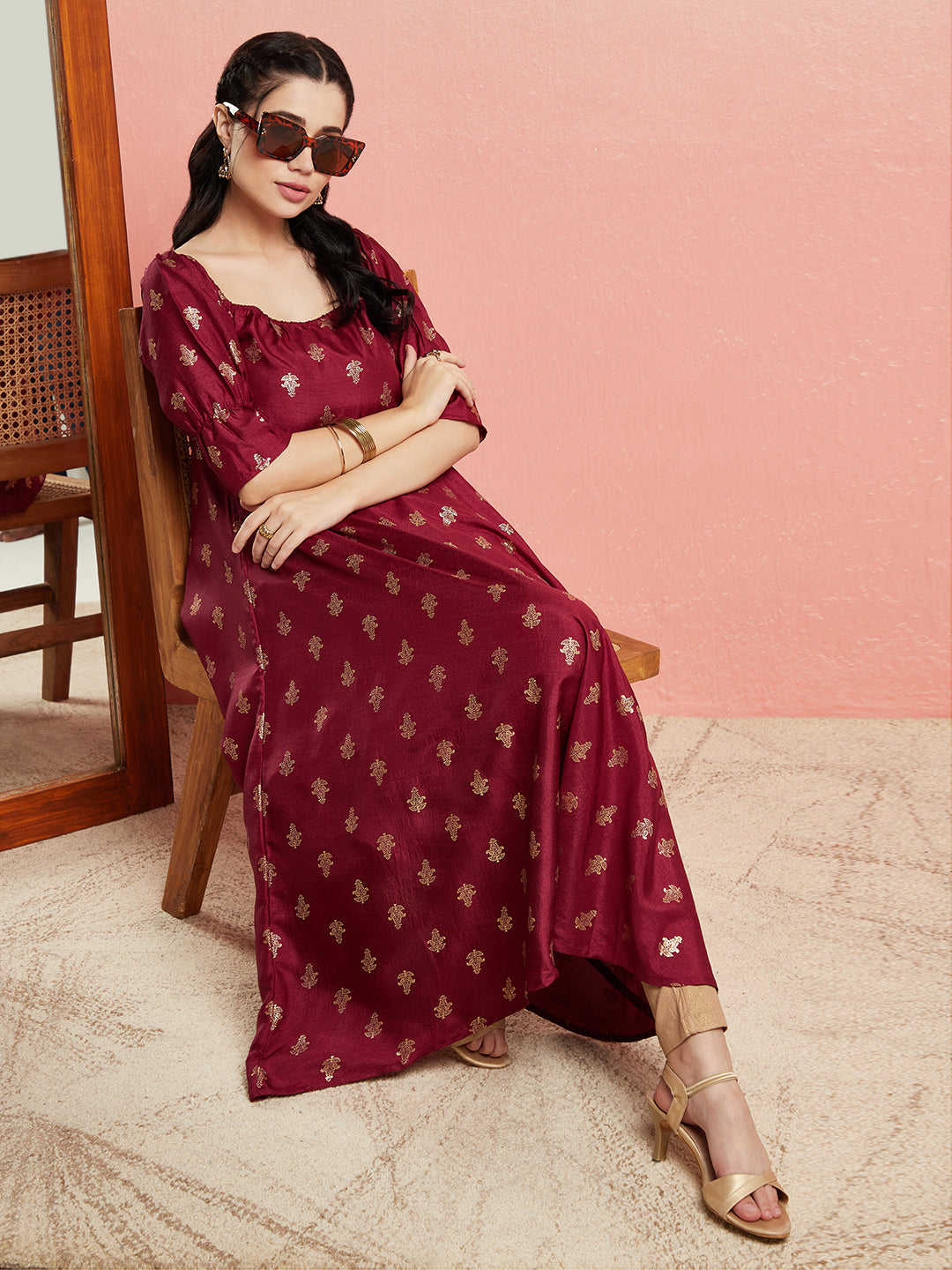 Maroon Gold Foil Print Anarkali