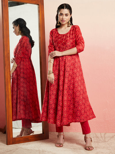 Red Geometric Print Anarkali