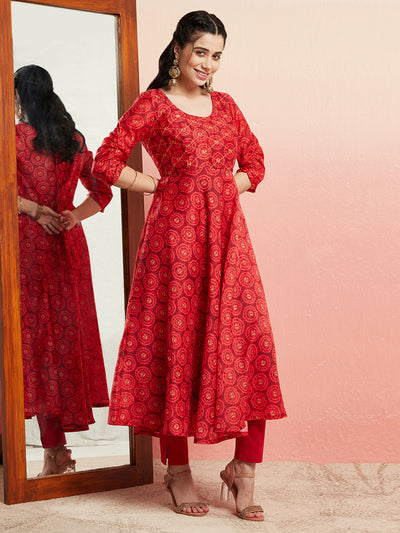 Red Geometric Print Anarkali