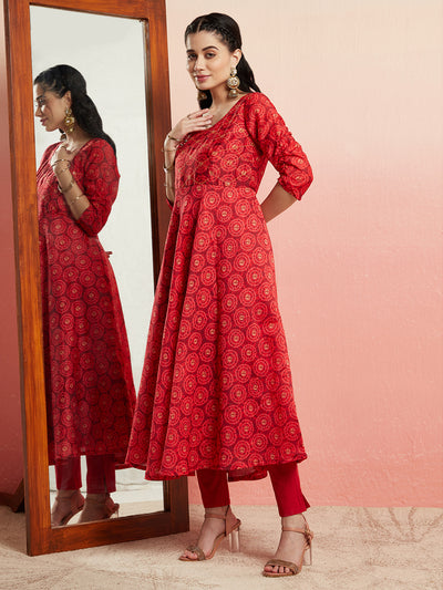 Red Geometric Print Anarkali