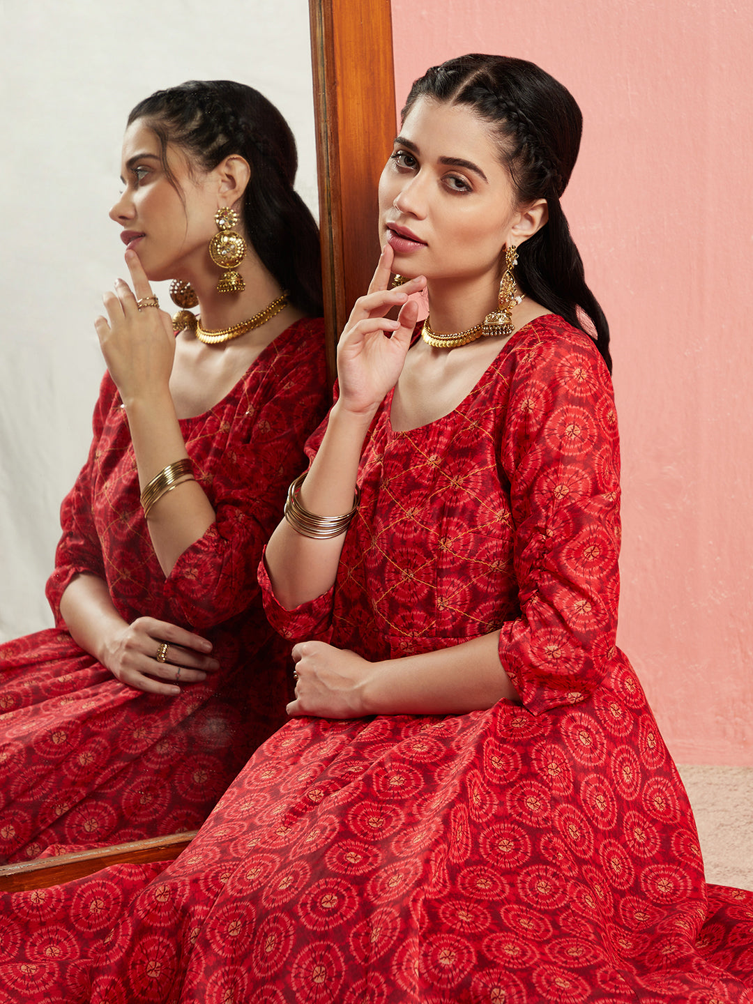 Red Geometric Print Anarkali