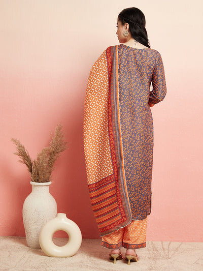 Orange & Grey Printed Kurta Pant With Dupatta