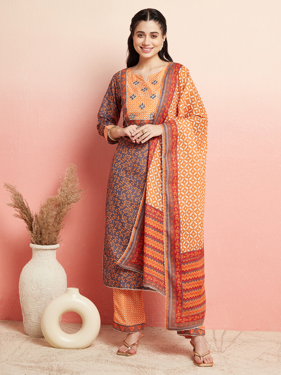 Orange & Grey Printed Kurta Pant With Dupatta