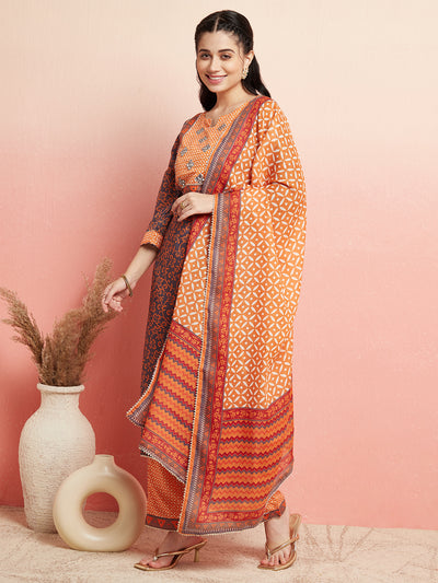 Orange & Grey Printed Kurta Pant With Dupatta