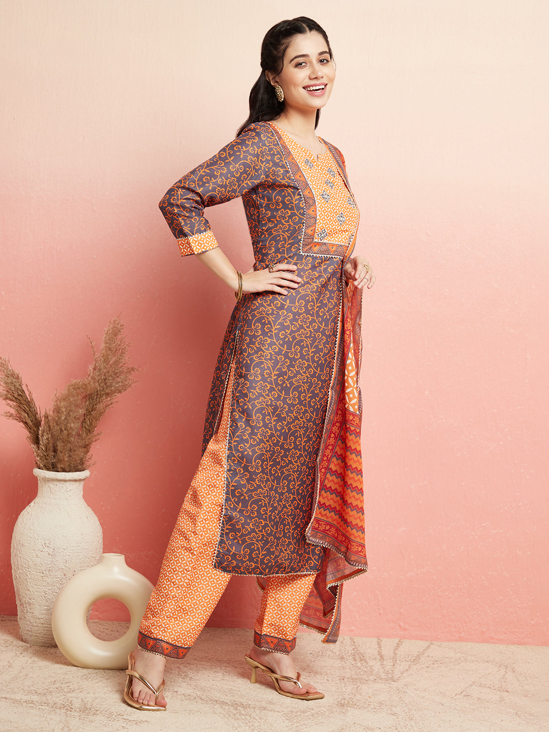 Orange & Grey Printed Kurta Pant With Dupatta