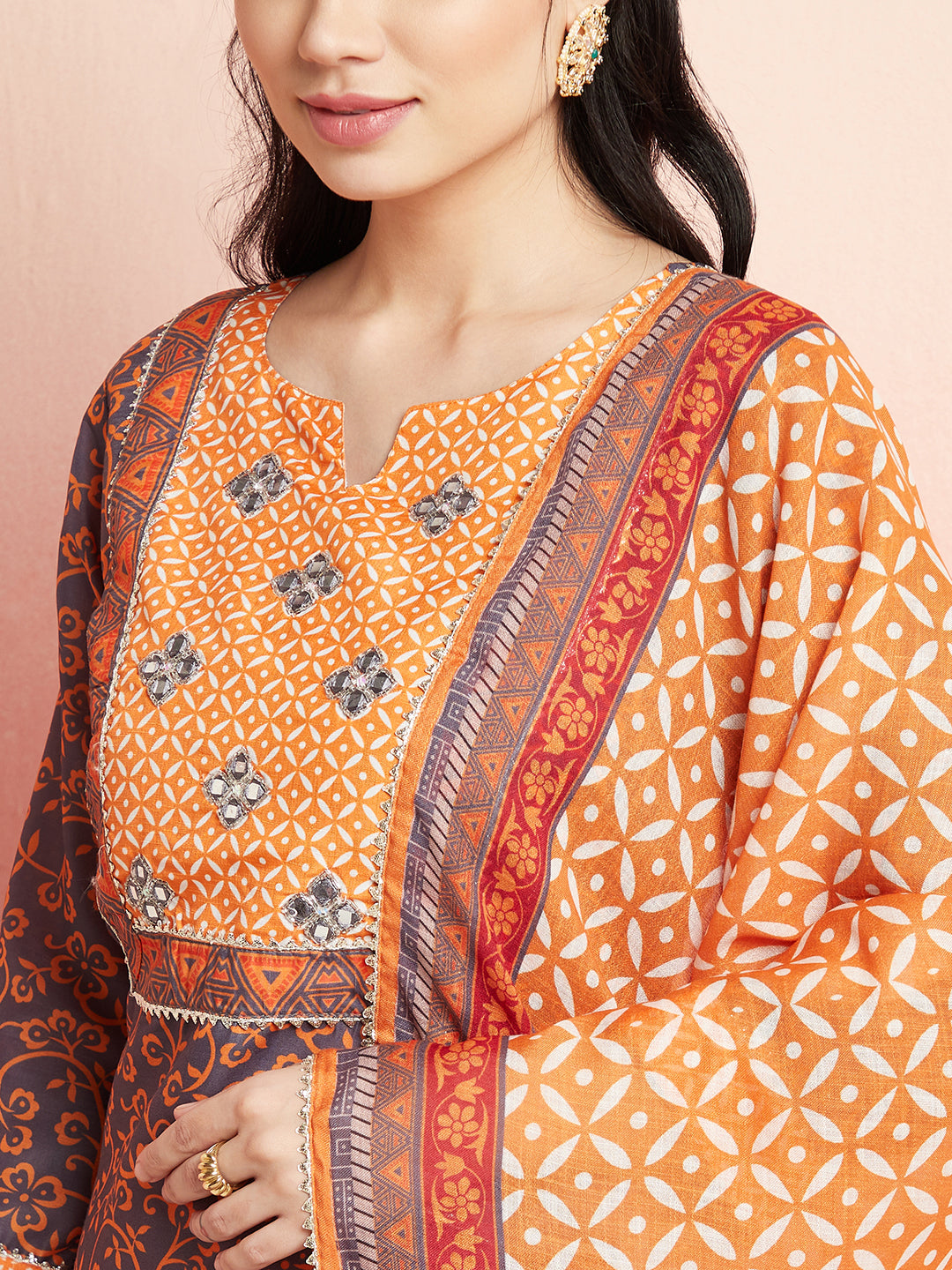 Orange & Grey Printed Kurta Pant With Dupatta