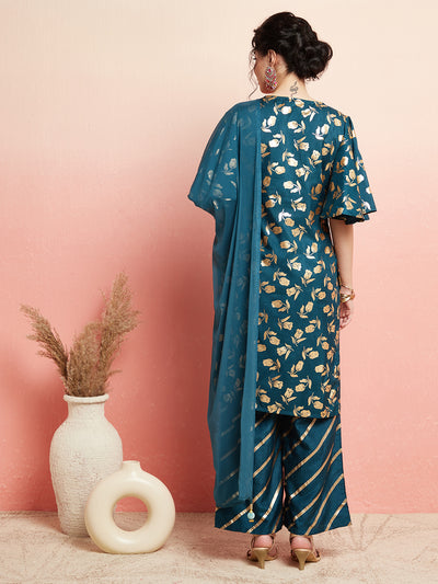 Blue Gold Foil Print Kurta Palazzo With Dupatta