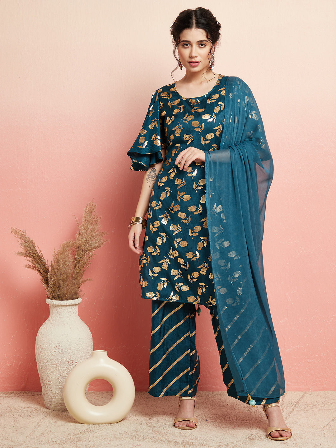 Blue Gold Foil Print Kurta Palazzo With Dupatta