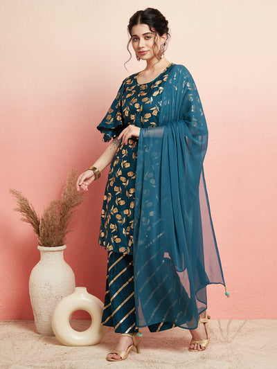 Blue Gold Foil Print Kurta Palazzo With Dupatta