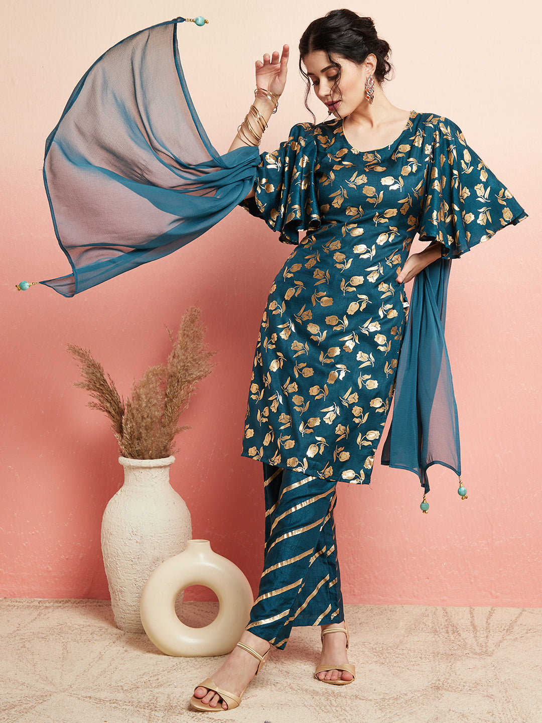 Blue Gold Foil Print Kurta Palazzo With Dupatta