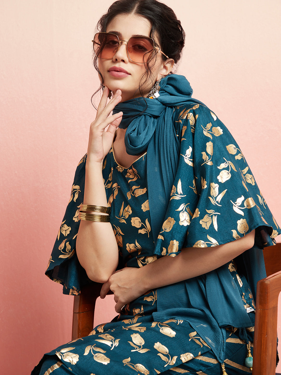 Blue Gold Foil Print Kurta Palazzo With Dupatta