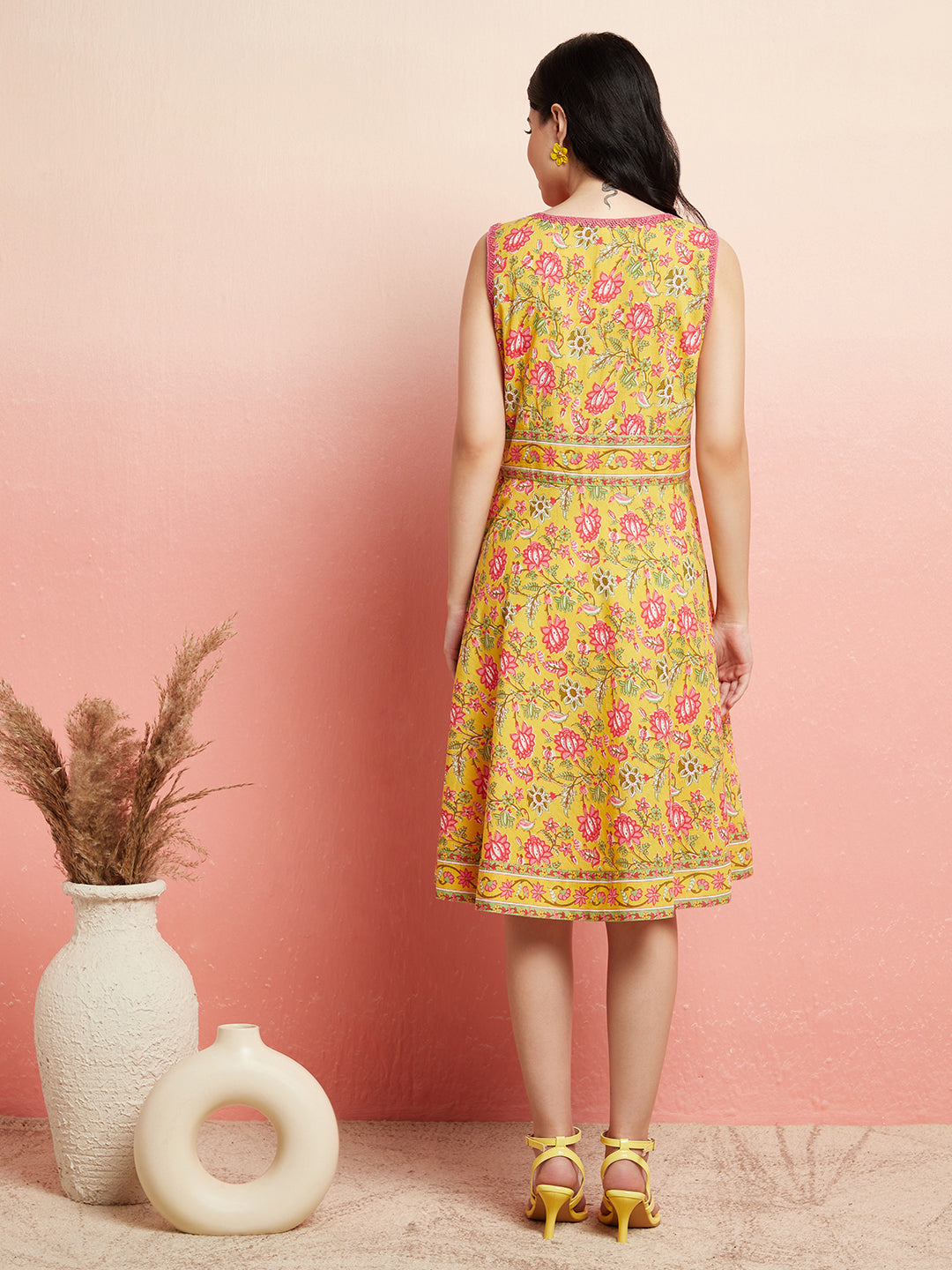 Yellow Floral Print A-Line Dress