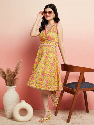 Yellow Floral Print A-Line Dress