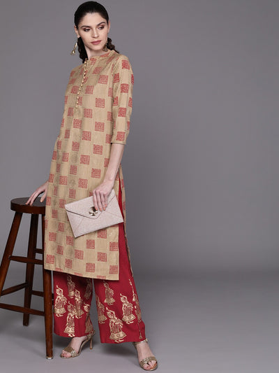 Beige Checked Kurta With Palazzo