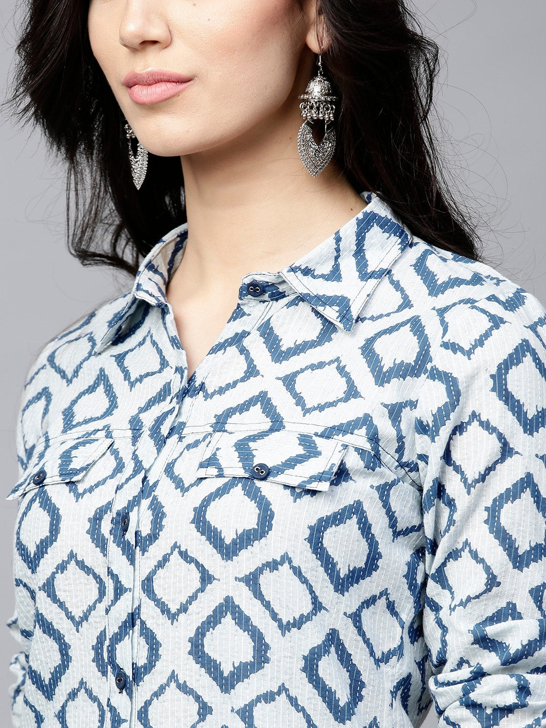 Blue & White Button Down Long Kurta