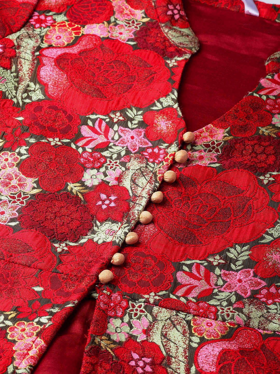 Red Floral Self Designed Panelled Jacket