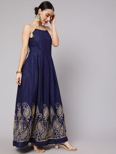 Navy Blue Embroidered Maxi Dress