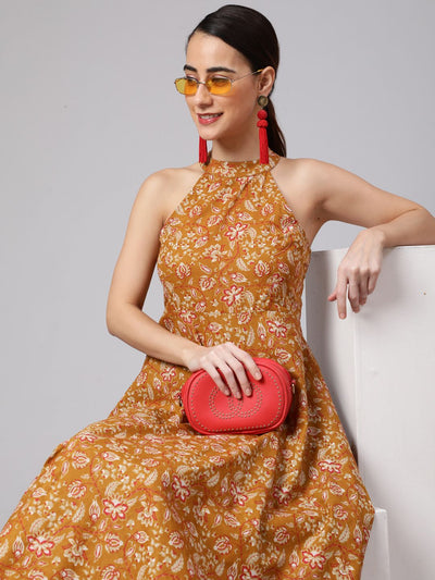 Mustard Floral Print Flared Maxi Dress
