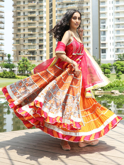 Orange Embellished Anarkali Skirt With Dupatta