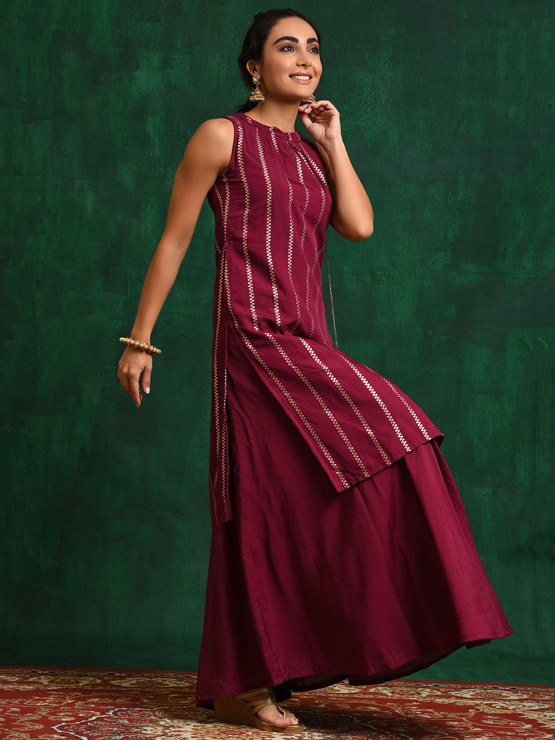 Burgundy Striped Kurta With Skirt