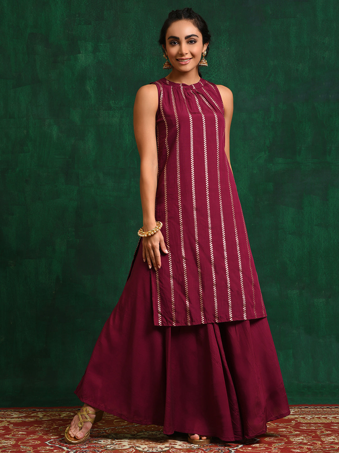 Burgundy Striped Kurta With Skirt