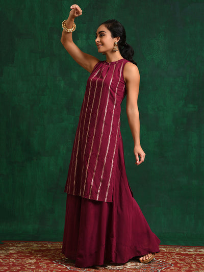 Burgundy Striped Kurta With Skirt