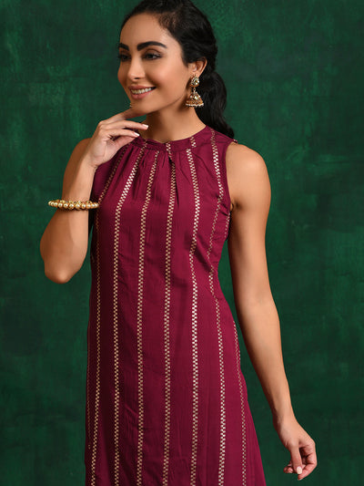 Burgundy Striped Kurta With Skirt