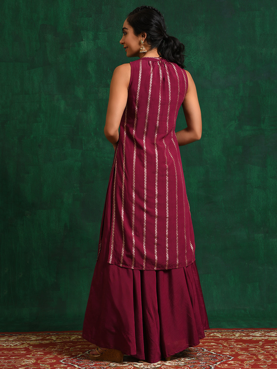 Burgundy Striped Kurta With Skirt