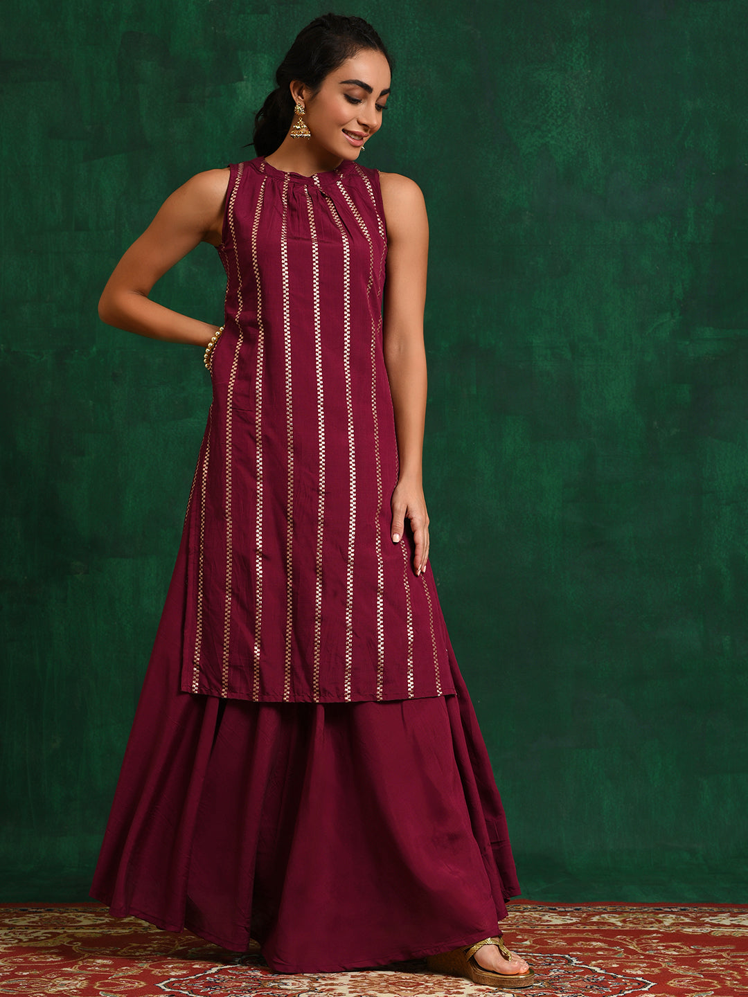 Burgundy Striped Kurta With Skirt