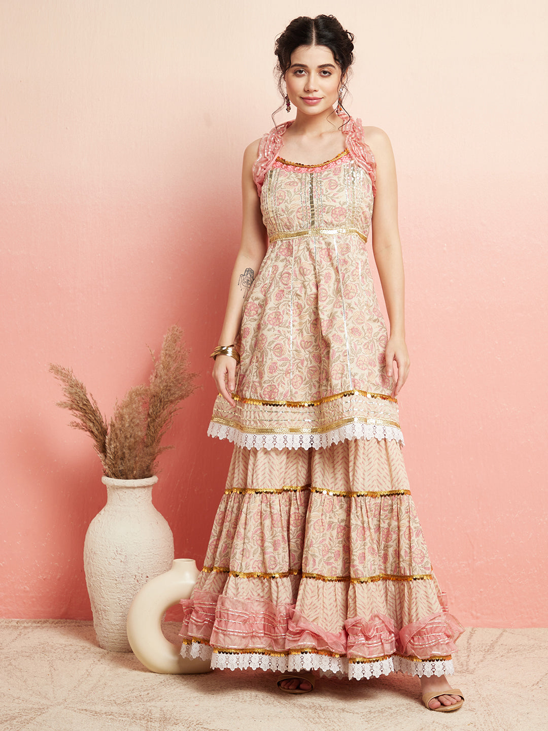 Cream & Peach Floral Print Kurta Sharara With Dupatta