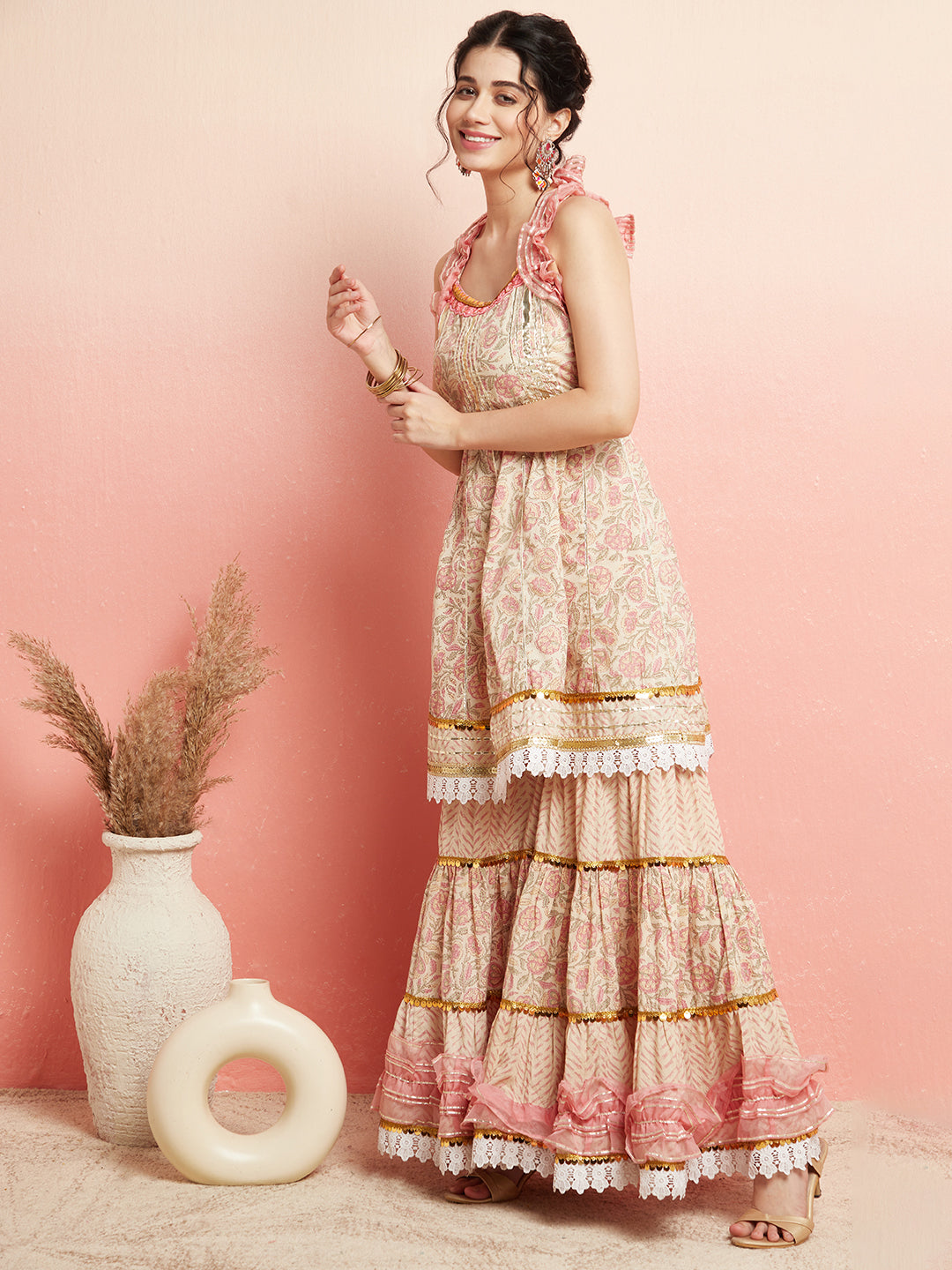 Cream & Peach Floral Print Kurta Sharara With Dupatta